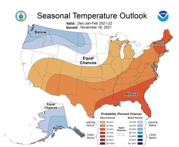 Figure 1. Temperature outlook for Dec. 2021-Feb. 2022. Blue shading indicates increased likelihood of colder than average temperatures. Orange and red indicate increased likelihood of warmer than average temperature. Source: NOAA Climate Prediction Center